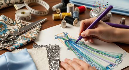 Fashion Designer Sketching Elegant Dress with Fabric Samples and Sewing Tools