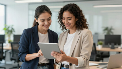 Professional Lesbian Couple Collaborating in Modern Bright Office