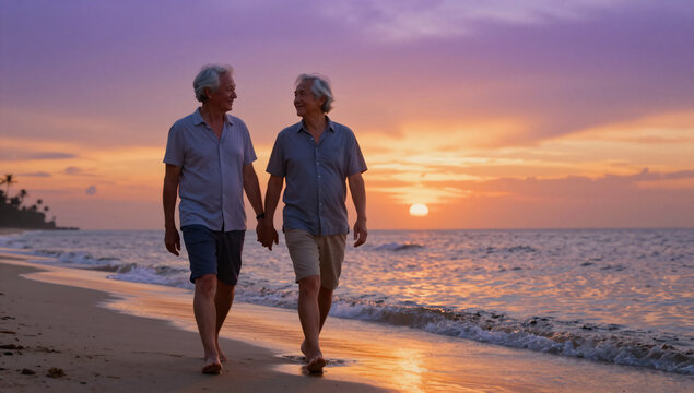 Senior Gay Couple Enjoying Romantic Sunset on Tropical Beach - Powered by Adobe
