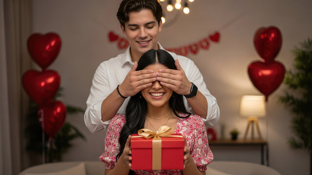 Smiling young man surprises his girlfriend with a red gift box while covering her eyes in a room decorated with heart balloons for Valentine's Day.