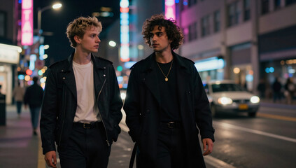 Fototapeta premium Stylish Queer Couple Walking Through Vibrant City Streets at Night