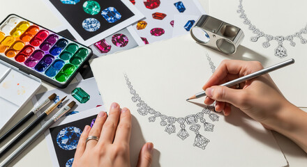 Jewelry Artist Sketching Luxury Necklace with Colorful Gemstones Diamonds and Professional Magnifying Loupe