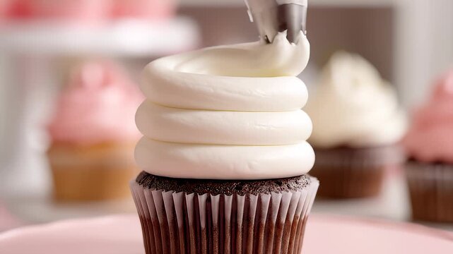 Pastry Chef Decorating Chocolate Cupcake With Creamy White Frosting
