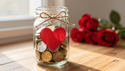 Glass Savings Jar with Heart Symbols and Coins