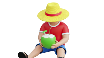 Child in straw hat with coconut drink