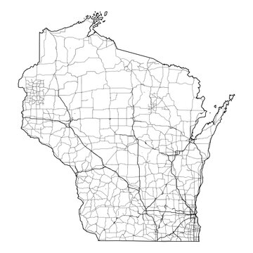 Wisconsin State Map Road Network Vector SVG Black Lines Wireframe Transparent Background Isolated Minimalist Cartography