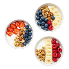 Three minimalist white bowls of Greek yogurt, berries, granola, almonds, and banana, on a transparent background with copy space, flat lay. Concept of healthy breakfast and modern food
