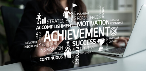 Visual representation focusing on achievement and motivation in a business context, highlighting key concepts like persistence, success, and personal growth through inspiring words. Tessel