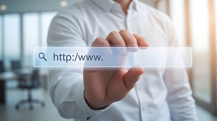 Businessman interacting with virtual search bar in modern office