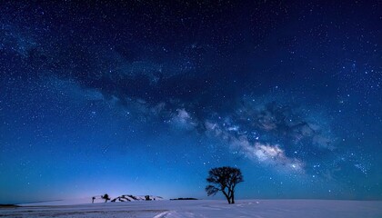 Vast Milky Way Galaxy Arches Over Lone Tree in Snowy Landscape.