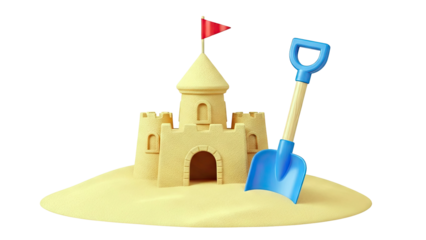 Sandcastle with Red Flag and Blue Shovel