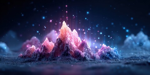 A stunning digital landscape featuring vibrant, glowing mountains under a dark sky, illuminated by ethereal light and sparkles.