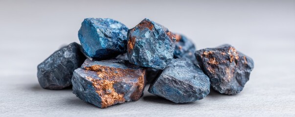 A collection of dark, metallic rocks with hints of blue and copper, arranged on a light surface, showcasing natural textures and colors.