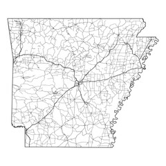 Fototapeta premium Arkansas State Map Road Network Vector SVG Black Lines Wireframe Transparent Background Isolated Minimalist Cartography