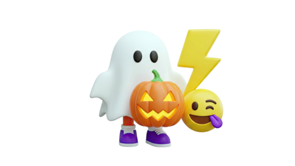 3D Halloween Ghost with Pumpkin, Emoji, and Lightning Bolt