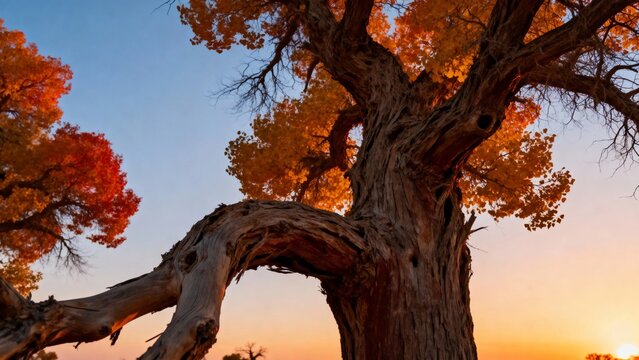 Old tree with autumn foliage at sunset, featuring vibrant orange and red leaves against a warm sky - Powered by Adobe