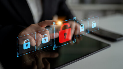 Digital security concept illustrating a cybersecurity breach, with a red unlocked padlock indicating data exposure among secure systems, emphasizing system vulnerability and risk Latch