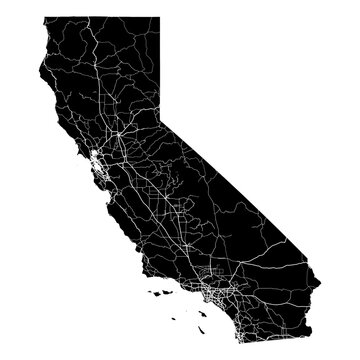 California State Map Road Network Vector SVG Black Silhouette White Highway Lines Transparent Background Isolated Minimalist Cartography