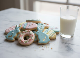 Decorated cookies and milk for Easter snack. Pastel color sugar treats for Spring holiday. Festive baked goods for children.
