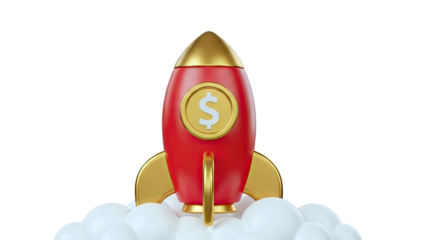 Red and Gold Rocket with Dollar Sign Launching Amidst Clouds