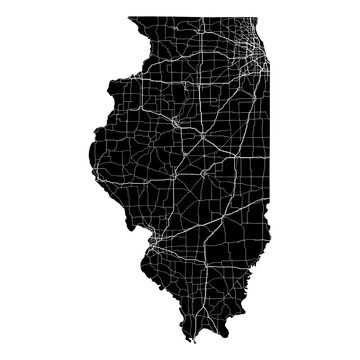 Illinois State Map Road Network Vector SVG Black Silhouette White Highway Lines Transparent Background Isolated Minimalist Cartography