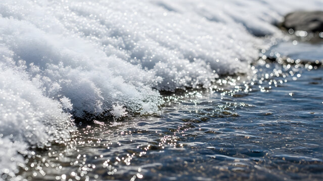 Snow melting into water along riverbank in winter  