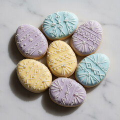 Easter egg shaped cookies with pastel icing. Holiday dessert baking and confectionary art for spring celebration. Festive sweet treat.