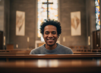 African american man smiling in church pew. Spiritual devotion and faith in Christian worship. Hope and community in religious building during service.