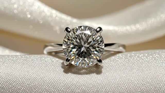 Close-up of a solitaire ring with a brilliant-cut diamond, set on a textured ivory fabric