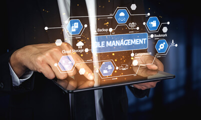 A businessman engages with a tablet showcasing file management features through a digital interface, highlighting cloud storage, backup, and compression functions. Tessel