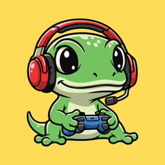 Obraz premium Cute cartoon gecko playing video games with headset and controller, perfect for gaming enthusiasts and tech lovers