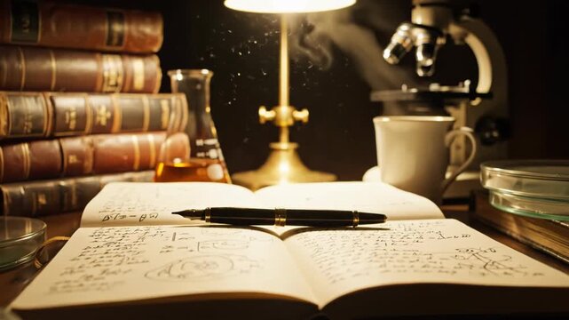 A dimly lit science workspace with books, labware, microscope, and an open notebook being illuminated by a lamp