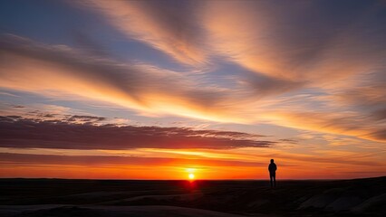 Serene landscape of a lone figure at sunset with vibrant colorful sky