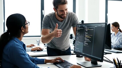 Team of Programmers Collaborating on Coding Project in Modern Office - Powered by Adobe