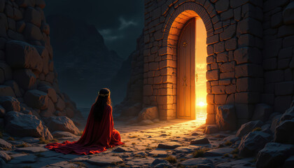 Mujer con manto rojo y corona floral arrodillada en suelo rocoso ante puerta de piedra arqueada, luz de amanecer y cielo vespertino. Atmósfera medieval, bíblico, místico, mágico, espiritual y antiguo.