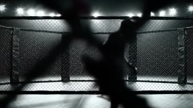 MMA ring cage with lights and a crowd.