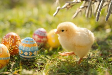 Chick among eggs, Fluffy yellow bird among vibrant painted eggs in sunlight, Cheerful yellow chick explores decorated eggs with intricate patterns in sunny garden scene