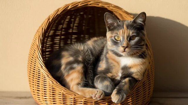 Relaxed tortoiseshell cat sleeping in woven basket by window