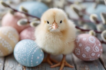 Cozy display of fuzzy chick among hand painted eggs on weathered table, Decorative scene featuring fuzzy chick nestled among intricately painted eggs on aged tabletop surface