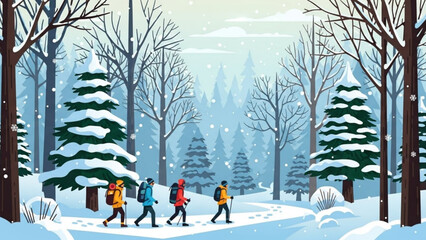 Four people hiking in a snowy forest with bare trees and evergreens on a winter day with snow falling with outdoor and activity with hikers