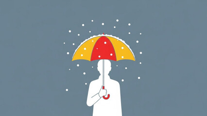 Person holding red and yellow umbrella in snowfall weather conditions with winter and protection and safety and icon with illustration