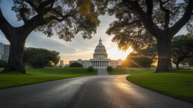 Grand State Capitol Building with Dome Framed by Trees at Golden Hour