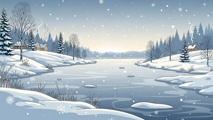 Snowy landscape with frozen lake and houses on snowy banks under snowfall with winter scene and snow covered trees and ice and cold