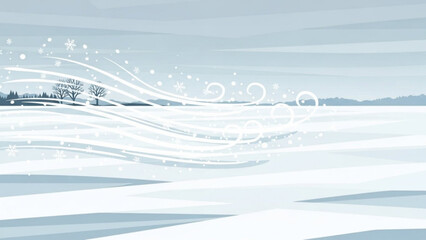 Snowy landscape with bare trees and swirling white lines on a light blue background with snowflakes with winter scene and swirling with icy