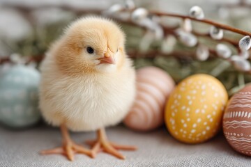 Delicate yellow chick among serene willow branches and painted eggs, Pale yellow chick surrounded by tranquil willow and decorated eggs create peaceful springtime atmosphere