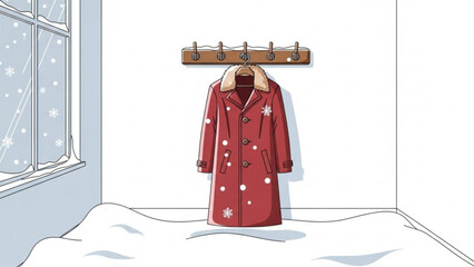 A red winter coat with white snowflakes hangs on a wooden coat rack in a room with a snowy window with red coat and winter clothing
