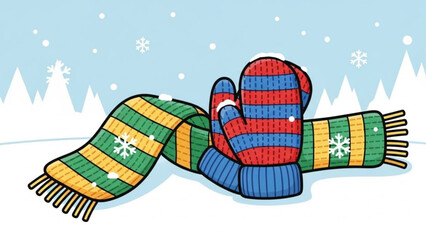 Colorful winter gloves and scarf set with snowflakes on a snowy background with pine trees with cold and frosty and weather with winterwear