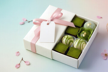 Macro shot of assorted matcha sweets in a gift box, highlighting textures and warm, cozy Valentine's Day atmosphere.