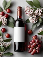 Luxurious wine bottle mockup, winery label blank preview, commercial scene with wine bottle and fruits