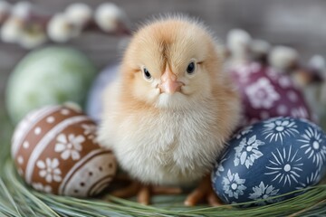 Decorative eggs arrangement, Charming seasonal decor featuring crafted patterned eggs and chick, Artisan crafted eggs with delicate folk motifs and vintage inspired color palette